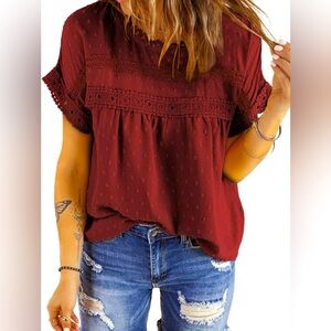 Chiffon Top With Lace Crochet Trim in Dark Red Size: Large  NWOT
